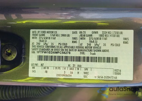 2021 Ford F-150 Xlt z USA, uszkodzony, nr VIN 1FTFW1EDXMFC58278